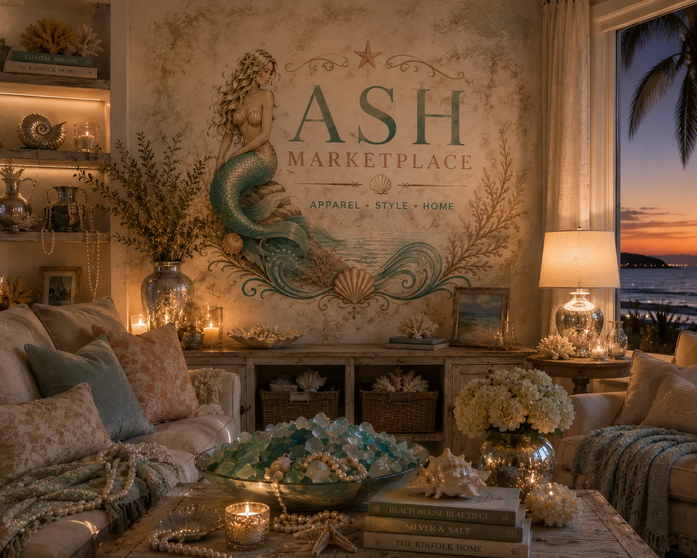 A coastal sitting room at sunset styled with the ASH Marketplace crest
