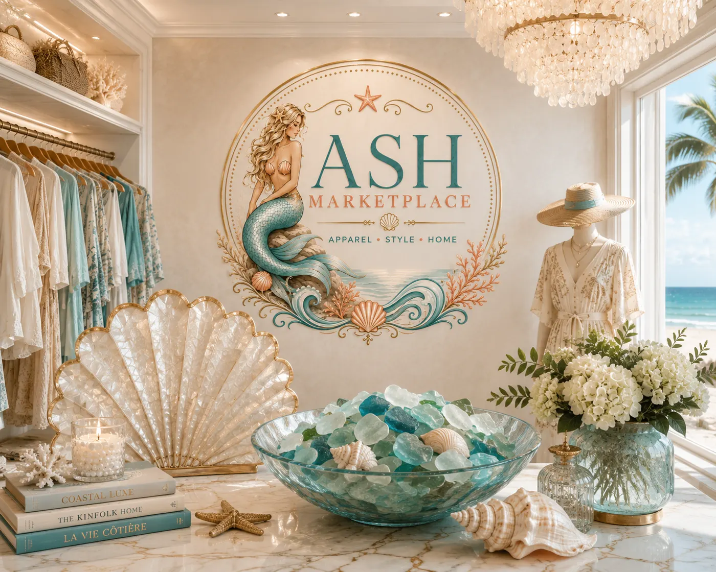 A bright coastal interior with a chandelier and the ASH Marketplace crest