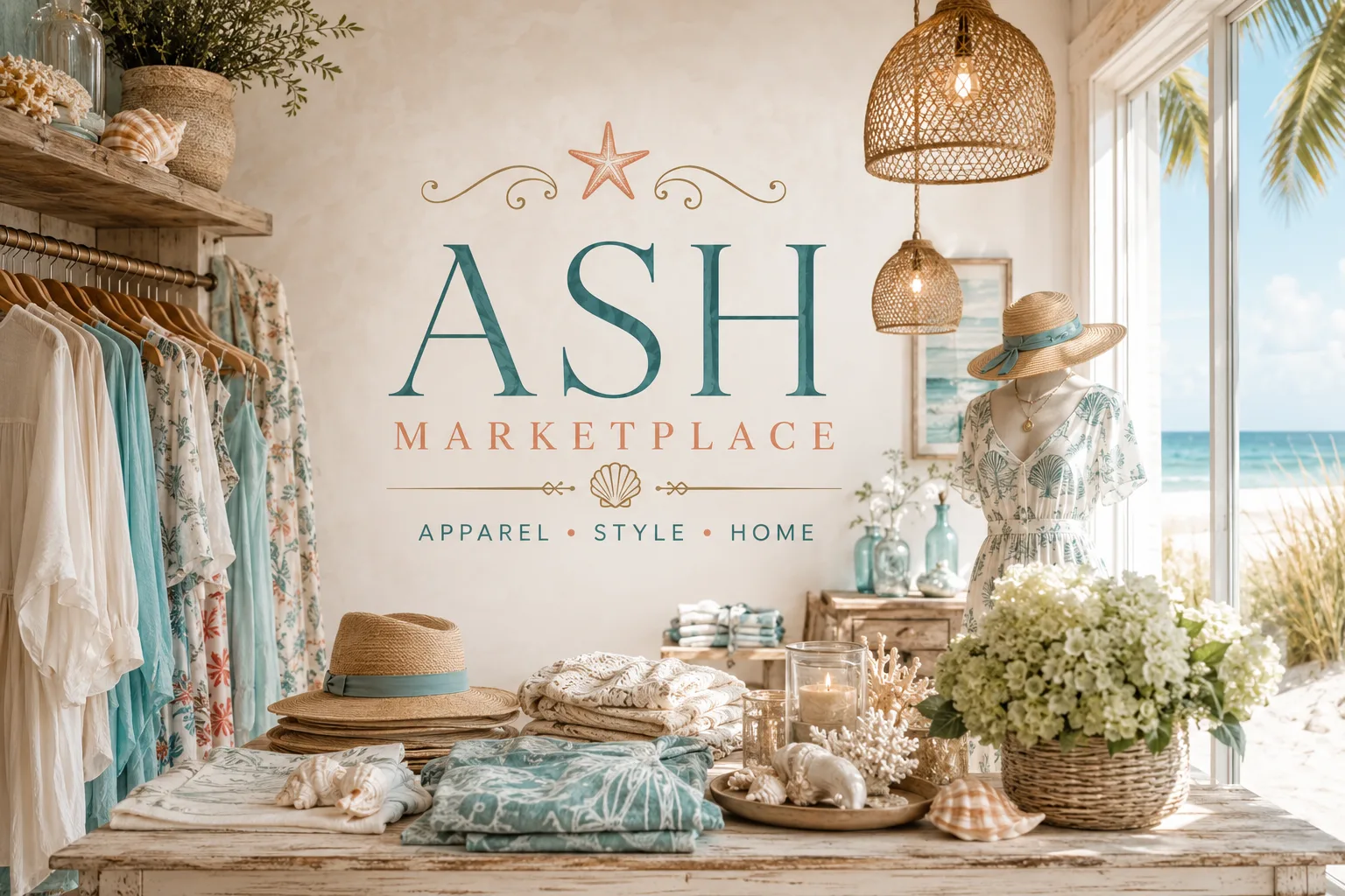 The ASH Marketplace boutique — where style comes home — a sunlit beach boutique with the ASH Marketplace wordmark and the ocean through the window